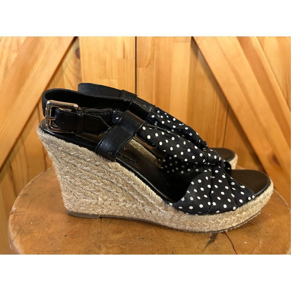 Laura Ashley KILBY Wedge Sandals Espadrilles Shoes black white dots SZ 7B
